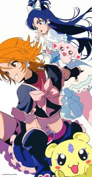 2girls absurdres black_gloves black_shirt black_shorts blue_eyes blue_hair bow brown_eyes creature cure_black cure_white dress earrings fingerless_gloves futari_wa_precure gloves grin hair_bow heart heart_earrings highres jewelry leg_up long_hair midriff misumi_nagisa multiple_girls navel open_mouth orange_hair precure shirt short_hair shorts simple_background smile teeth white_background white_bow white_dress yukishiro_honoka z3zz4