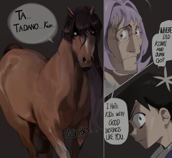 2boys animal black_eyes black_hair brown_eyes english_text fullmetal_alchemist glasses highres horse i_hate_kids_with_good_instincts_like_you_(meme) komi-san_wa_komyushou_desu komi_shouko mamimi_(mamamimi) medium_hair multiple_boys osana_najimi_(komi-san_wa_komyushou_desu) parody purple_hair scene_reference short_hair speech_bubble tadano_hitohito