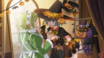 2girls :d anime_coloring apron black_cape black_dress black_gloves black_hat blue_eyes bow breasts cape cleavage clothes_hanger collared_dress danmachi_battle_chronicle demon_tail demon_wings dress dungeon_ni_deai_wo_motomeru_no_wa_machigatteiru_darou_ka elf fake_tail fake_wings frilled_dress frills full-length_mirror game_cg gloves green_dress green_hair grey_eyes grey_hair halloween halloween_costume hands_up hat hat_bow highres holding holding_clothes_hanger imminent_forced_dressing indoors jack-o&#039;-lantern juliet_sleeves long_sleeves looking_at_another low_wings maid_headdress medium_breasts mirror multicolored_dress multiple_girls neck_ribbon non-web_source official_alternate_costume official_art open_mouth orange_bow orange_dress orange_ribbon parted_lips pointy_ears puffy_sleeves reflection ribbon ryu_lion short_hair smile syr_flover tail unworn_dress white_apron white_headdress wings witch witch_hat