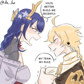 1boy 1girl aether_(genshin_impact) ahoge angry artist_name blonde_hair blunt_bangs braid bridal_gauntlets clenched_teeth couple earrings english_text bad_tag from_side genshin_impact hair_between_eyes hair_ornament hashtag-only_commentary huge_ahoge japanese_clothes jewelry kimono long_braid long_hair looking_down looking_up neck_ribbon no_mole off_shoulder open_mouth purple_eyes purple_hair purple_kimono raiden_shogun red_ribbon red_sash ribbon sash scarf single_braid single_earring smirk speech_bubble teeth trembling twitter_username upper_body upper_teeth_only user_uxzv2777 white_background white_scarf yellow_eyes