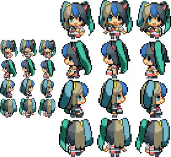 1girl animal_ears aqua_hair black_eyes black_hair blue_eyes blue_hair brown_hair cat_ears chaoz_lounge chibi chibi_only commentary_request from_behind from_side futaba_channel heterochromia long_hair lowres moetron multicolored_hair multiple_views pixel_art single_animal_ear transparent_background twintails very_long_hair walk_cycle