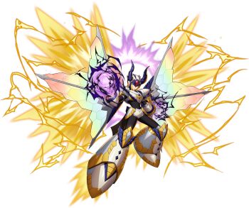 1boy android armor capcom crossover dragon_horns dragon_wings fist forehead_jewel forehead_protector gem gloves green_eyes highres horns male_focus mega_man_(series) mega_man_x_(series) mega_man_x_dive mizuno_keisuke monster_hunter_(series) monster_hunter_rise official_alternate_costume official_art pauldrons plasma robot serious shagaru_magala shoulder_armor shoulder_pads solo third-party_source transparent_background umbrakinesis white_armor wings x_(mega_man)