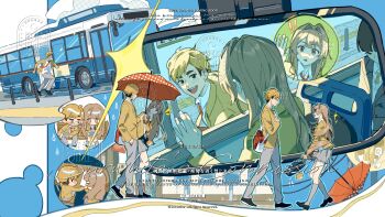 1boy 1girl absurdres brown_hair bus carrying commentary english_commentary flat_color haikyuu!! hair_between_eyes highres long_hair miya_atsumu motor_vehicle multiple_views oc_x_canon original school_uniform umbrella xiabai