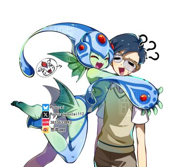 1girl ? ?? bare_shoulders barefoot blue_leggings blue_one-piece_swimsuit closed_eyes colored_skin commentary detached_leggings digimon digimon_(creature) digimon_adventure english_commentary feet fins glasses gomamon green_skin hat head_fins highres hug kido_jo leggings monster_girl one-piece_swimsuit open_mouth ranamon short_hair simple_background smile swimsuit toes white_background youzaiyouzai112