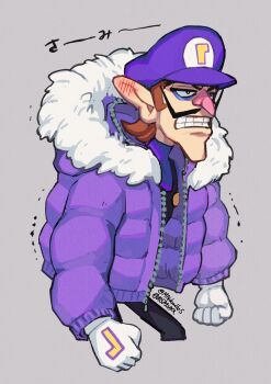 1boy alternate_costume artist_name bad_tag black_overalls brown_hair clenched_hands clenched_teeth down_jacket facial_hair gloves grey_background hat highres jacket m516 mario_(series) mustache nintendo open_clothes open_jacket overalls pointy_ears purple_hat purple_jacket purple_shirt shirt short_hair simple_background solo teeth waluigi white_gloves