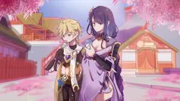 1boy 1girl aether_(genshin_impact) ahoge architecture armor asymmetrical_sleeves black_panties black_thighhighs blonde_hair braid breasts bridal_gauntlets brown_gloves cherry_blossoms chinese_commentary cleavage closed_mouth clothing_cutout couple crop_top dango dango_milk_(genshin_impact) drinking_straw east_asian_architecture eating expressionless food food_in_mouth bad_tag genshin_impact gloves gradient_hair hair_between_eyes hair_ornament highres holding holding_food japanese_clothes jinhui919 kimono large_breasts long_braid looking_down looking_to_the_side multicolored_hair navel neck_ribbon off_shoulder orange_eyes outdoors panties pants purple_eyes purple_hair purple_kimono raiden_shogun red_ribbon red_sash ribbon sash scarf shade shoulder_armor shoulder_cutout single_braid standing thighhighs thighs toned toned_male tree underwear uneven_sleeves upper_body wagashi wide_sleeves