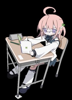 1girl ahoge animated animated_gif bandaid bandaid_on_knee bandaid_on_leg black_shoes blinking book bow bowtie chair chibi daizu_(melon-lemon) desk food-themed_hair_ornament full_body glasses grey_bow grey_bowtie grey_skirt hair_ornament holding holding_book jaggy_lines kneehighs long_hair long_sleeves looking_at_viewer looping_animation mary_janes miniskirt on_chair open_book original over-rim_eyewear pencil pencil_case pink_hair pleated_skirt pout purple_eyes school_chair school_desk school_uniform semi-rimless_eyewear shirt shoes simple_background sitting skirt sleeves_past_wrists socks solo spring_onion_hair_ornament stitched third-party_edit transparent_background two_side_up variant_set white_shirt white_socks