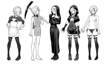 1girl apron barefoot bikini breasts capelet cloak collar dagger dirty fingerless_gloves fumitan_(humitan) gloves greyscale hair_ornament hairclip highres holding holding_pickaxe hood hooded_capelet knife looking_at_viewer maid_headdress monochrome multiple_views navel nipples nun original own_hands_together pickaxe puffy_sleeves sheath sheathed short_hair shrug_(clothing) simple_background small_breasts swimsuit thighhighs topless_female underwear weapon white_background
