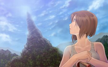 blue_sky brown_hair chiaki_rakutarou digging dirt foliage hagiwara_yukiho handle highres hole idolmaster idolmaster_(classic) landscape looking_back looking_up mountain bad_tag pile plant short_hair shovel sky solo sweat tank_top