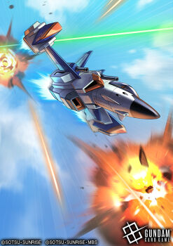 aircraft airplane blue_sky canopy_(aircraft) cloud commentary_request company_name copyright_name copyright_notice day explosion flying gundam gundam_seed no_humans official_art outdoors science_fiction sky skygrasper sunrise_(company) tyuga vehicle_focus
