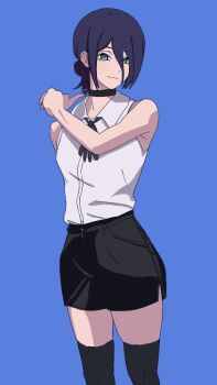 1girl black_choker black_ribbon blush chainsaw_man choker collared_shirt commentary_request green_eyes grenade_pin hair_between_eyes hair_bun long_hair_between_eyes neck_ribbon noodles_yxdk2754_114271013 pull_cord reze_(chainsaw_man) ribbon shirt shirt_tucked_in single_hair_bun skirt sleeveless sleeveless_shirt smile white_shirt