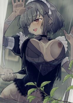 1girl absurdres against_glass anger_vein arm_up bandaged_arm bandaged_hand bandaged_head bandages black_choker blush body_freckles bouhuman breast_press breasts breasts_apart breasts_on_glass choker cross_hair_ornament crying crying_with_eyes_open dark_nipples ear_piercing earrings empty_eyes freckles from_outside furrowed_brow grey_hair hair_ornament hand_on_glass hand_on_window hand_up highres jewelry large_breasts leaning_forward long_hair looking_to_the_side maid maid_headdress multiple_earrings navel nipples no_bra one_eye_covered open_mouth original piercing puffy_short_sleeves puffy_sleeves rain red_eyes saliva saliva_trail shirt short_hair short_sleeves snot solo_focus stomach tears tongue tongue_out trembling unaligned_breasts upper_body water window