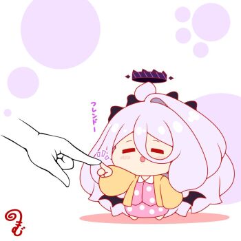 Rule 34 | 1girl, 1other, :d, = =, black wings, blue archive, blush, brown jacket, chibi, closed eyes, collared shirt, colored shadow, commentary request, disembodied hand, dress shirt, e.t., finger touching, grey hair, hair between eyes, hair ornament, hairclip, halo, hina (blue archive), hina (pajamas) (blue archive), horns, jacket, kurukurumagical, notice lines, open clothes, open jacket, open mouth, pajamas, pink pajamas, pink shirt, pink skirt, polka dot, polka dot pajamas, polka dot shirt, polka dot skirt, shadow, shirt, simple background, single hair intake, skirt, smile, solo focus, standing, translation request, white background, wings