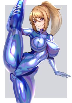 1girl blue_bodysuit blue_eyes bodysuit breasts closed_mouth commentary covered_erect_nipples curvy english_commentary high_ponytail highres large_breasts large_variant_set long_hair looking_at_viewer metroid nintendo no_mole ponytail samus_aran skin_tight smile solo split standing standing_on_one_leg standing_split thighs variant_set very_long_hair volyz zero_suit