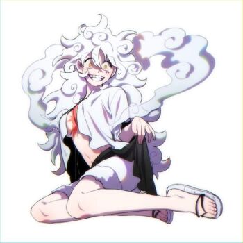 1girl artist_request breasts crazy_eyes facial_scar gear_fifth genderswap genderswap_(mtf) grin luffyko monkey_d._luffy no_bra one_piece sandals scar scar_on_cheek scar_on_face shorts sitting smile smoke solo source_request white_hair yellow_eyes