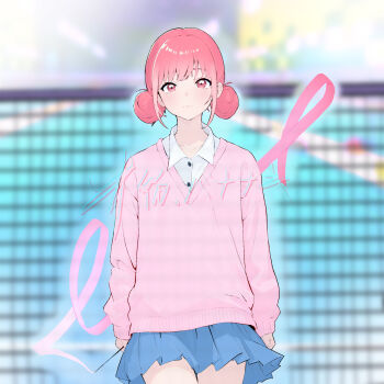 1girl ao_no_hako blue_skirt blurry blurry_background chouno_hina closed_mouth collared_shirt commentary_request double_bun dress_shirt gohannanaki hair_bun highres long_sleeves looking_at_viewer pink_sweater pleated_skirt red_eyes red_hair school_uniform shirt skirt solo sweater white_shirt