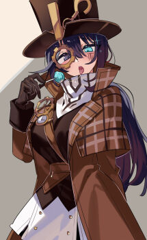 1girl absurdres aqua_eyes breasts brown_coat brown_gloves brown_hat brown_vest coat gear_hat_ornament genderswap genderswap_(mtf) gloves hat hat_ornament heterochromia highres hong_lu_(project_moon) large_breasts limbus_company looking_at_viewer monocle open_mouth project_moon purple_eyes purple_hair saliva saliva_trail shiki_(shikki46) solo tongue tongue_out top_hat vest yurodiviye_(identity)_(project_moon)
