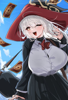 1girl ;d absurdres bag black_jacket black_skirt blue_archive blue_sky bow bowtie braid breasts brown_eyes button_gap card cloud commentary dragonchicken02 eri_(blue_archive) hair_between_eyes halo hat highres huge_breasts jacket jewelry long_hair long_sleeves one_eye_closed open_clothes open_jacket open_mouth playing_card red_bow red_bowtie ring shirt shoulder_bag side_braid single_braid skirt sky smile solo star-shaped_pupils star_(symbol) striped_bow striped_bowtie striped_clothes symbol-shaped_pupils undershirt white_hair white_shirt witch_hat yellow_halo