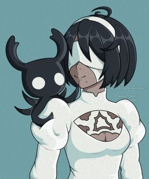 1girl 1other 2p_(nier:automata) ahoge black_hair breasts cleavage cleavage_cutout clothing_cutout commentary crossover dark-skinned_female dark_skin english_commentary film_grain hairband highres hollow_knight juliet_sleeves long_sleeves medium_breasts mole mole_under_mouth nier:automata nier_(series) puffy_sleeves shade_(hollow_knight) smile watermark white_hairband yuffie_drawings