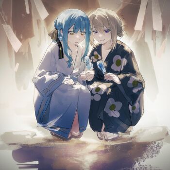 2girls absurdres bang_dream! bang_dream!_it&#039;s_mygo!!!!! black_ribbon blonde_hair blue_hair blue_kimono blush chinese_commentary commentary_request floral_print floral_print_kimono food hair_between_eyes hair_ribbon highres holding holding_food holding_popsicle japanese_clothes kimono lu_bian_de_yecao_zai_changge misumi_uika multiple_girls omikuji open_mouth popsicle print_kimono purple_eyes ribbon short_hair short_hair_with_long_locks sidelocks squatting togawa_sakiko white_kimono