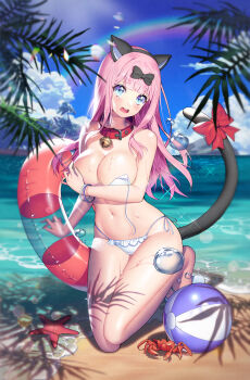 1girl absurdres animal_ears ball beachball bell bikini black_bow blue_eyes blush bow breasts cat_ears cat_tail cleavage cloud collar commentary_request day fake_animal_ears fake_tail female_focus fujiwara_chika hair_bow highres holding holding_swim_ring innertube kaguya-sama_wa_kokurasetai_~tensai-tachi_no_renai_zunousen~ large_breasts lemonpear long_hair looking_at_viewer navel neck_bell ocean untied_bikini open_clothes open_mouth outdoors pink_hair red_bow red_collar solo summer swim_ring swimsuit tail white_bikini