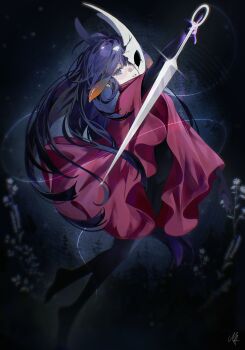 1girl absurdres ani_019 black_bodystocking broken_mask cloak commentary cosplay english_commentary full_body gradient_hair highres holding holding_weapon hollow_knight hollow_knight:_silksong hololive hololive_english horned_mask hornet_(hollow_knight) hornet_(hollow_knight)_(cosplay) long_hair looking_at_viewer mask multicolored_hair needle_(hollow_knight) ninomae_ina&#039;nis orange_hair parted_lips pointy_ears purple_hair red_cloak sidelocks solo tentacle_hair very_long_hair virtual_youtuber weapon