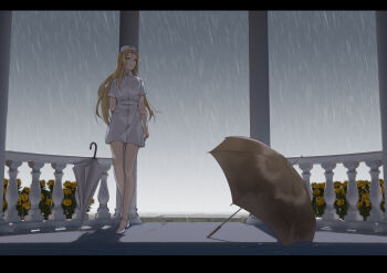 1girl arm_behind_back belt blonde_hair blue_eyes brown_umbrella cartonbox_(zhixiang_zhi) closed_umbrella collared_shirt commentary_request dress flower gazebo grey_sky hand_on_own_arm hat high_heels letterboxed long_hair nurse nurse_cap original outdoors overcast pillar rain shirt shoes short_dress short_sleeves sky solo standing taking_shelter umbrella very_long_hair white_belt white_dress white_hat white_shoes white_umbrella wide_shot wing_collar yellow_flower