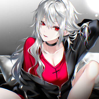 Rule 34 | 1girl, akke (akke299), arm up, bare legs, black choker, black jacket, breasts, choker, cleavage, collarbone, cross, cross necklace, ear piercing, earrings, eyelashes, fangs, genderswap, genderswap (mtf), gradient background, grey background, grey hair, hair between eyes, highres, jacket, jewelry, knee up, kuzuha (nijisanji), light particles, long hair, long sleeves, looking at viewer, medium breasts, mole, mole under eye, necklace, nijisanji, off shoulder, open clothes, open jacket, open mouth, parted lips, partially unzipped, piercing, pillow, pointy ears, red eyes, red shirt, sanya (kuzuha), shirt, sitting, solo, vampire, very long hair, virtual youtuber, white hair, zipper, zipper pull tab