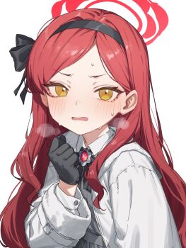 1girl black_bow black_gloves black_hairband blue_archive blush bow bowtie gloves hair_bow hairband halo heoningu long_hair looking_at_viewer open_mouth red_hair red_halo simple_background solo takane_(blue_archive) upper_body white_background yellow_eyes