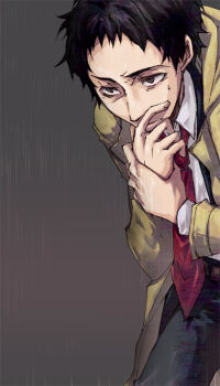 1boy adachi_tooru angry black_eyes black_hair black_pants coat collared_shirt commentary_request covering_own_mouth grey_background holding_own_wrist long_sleeves looking_ahead male_focus mokamote necktie pants persona persona_4 rain shirt short_hair solo white_shirt yellow_coat