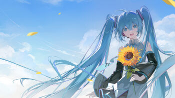 1girl absurdres aqua_eyes aqua_hair aqua_necktie bare_shoulders black_skirt black_sleeves blue_nails blue_sky chinese_commentary cloud cloudy_sky collared_shirt commentary_request detached_sleeves fingernails floating_hair floating_neckwear flower frilled_shirt frills grey_shirt hair_between_eyes hatsune_miku headset highres holding holding_flower long_hair long_sleeves looking_at_viewer multi-source_commentary nail_polish necktie number_tattoo open_mouth shirt shoulder_tattoo skirt sky sleeveless sleeveless_shirt smile solo su_ran_(bilibili_18604428) sunflower tattoo teeth twintails very_long_hair vocaloid wide_sleeves wind