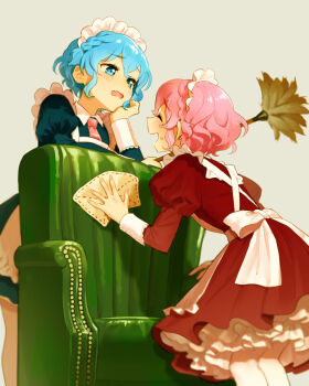 1boy 1girl apron armchair blue_dress blue_eyes blue_hair braid brother_and_sister brown_dress chair cleaning closed_eyes cowboy_shot crossdressing curly_hair dorothy_west dress cleaning_rag duster facing_another fang feather_duster frilled_apron frills grey_background hair_between_eyes highres holding holding_dustcloth holding_duster juliet_sleeves leaning_forward leaning_on_object long_sleeves looking_at_another maid maid_headdress mole mole_under_eye open_mouth oshiri_(o4ritarou) pink_hair pretty_series pripara puffy_sleeves reona_west short_hair siblings side_braid simple_background skin_fang smile standing sweatdrop trap twins white_apron