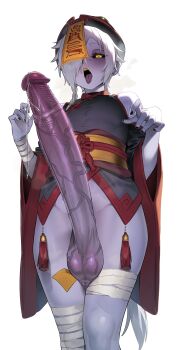 1boy :o absurdres bandaged_leg bandages black_dress black_hat black_nails black_sclera black_shirt braid china_dress chinese_clothes clothing_cutout colored_sclera colored_skin commentary_request cowboy_shot dress earrings eyelashes half-closed_eyes hands_up hat highres huge_penis in_(ain) jewelry jiangshi korean_commentary long_hair male_focus original parted_lips penis precum purple_skin qingdai_guanmao sash shirt shoulder_cutout side_braid solo stud_earrings tassel testicles uncensored variant_set veins veiny_penis white_hair wide_sleeves yellow_eyes