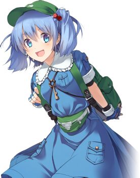 Rule 34 | 1girl, artist request, backpack, bag, blue dress, blue gloves, blue hair, breasts, dress, fingerless gloves, frilled shirt collar, frills, game cg, gloves, green hat, hair bobbles, hair ornament, hat, jewelry, kawashiro nitori, key, key necklace, labyrinth of touhou (series), labyrinth of touhou 2, looking at viewer, medium hair, necklace, official art, open mouth, puffy short sleeves, puffy sleeves, short sleeves, small breasts, smile, solo, third-party source, touhou, transparent background, two side up