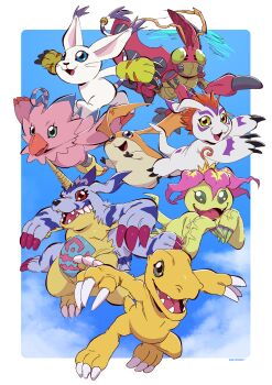 absurdres agumon bennycartoonist bird blue_fur body_fur border bug cat coat digimon digimon_(creature) digimon_adventure fur_coat gabumon gomamon group_picture head_wings highres looking_at_viewer mohawk palmon patamon piyomon red_hair reptile sky tailmon tentomon white_border white_fur wings