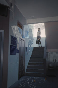 1girl absurdres bag black_bag black_thighhighs blue_bow blue_bowtie bow bowtie brown_hair cardigan chalk_outline commentary crime_scene door evidence_markers full_body grey_skirt hand_up highres holding holding_umbrella indoors long_hair miniskirt original pleated_skirt reflection reflective_wall scenery school_bag shirt skirt solo stairs standing symbol-only_commentary thighhighs tile_wall tiles transparent transparent_umbrella umbrella wang-xi white_shirt wide_shot yellow_cardigan zettai_ryouiki
