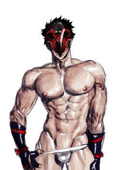 1boy abs aitanso bara black_hair male_focus male_underwear male_underwear_pull mask muscular muscular_male nipples pulling_own_clothes solo underwear white_background white_male_underwear