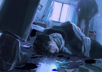 Rule 34 | 0pa9ue4, 1boy, 2others, arms behind back, bags under eyes, bed, black hair, blood, blood from forehead, blood on face, blood splatter, blue blood, book, bound, bound wrists, chair, curtains, exhausted, hands in pockets, highres, hood, hood down, jacket, looking at viewer, lying, multicolored jacket, multiple others, on ground, on side, original, short hair, toy dinosaur, two-tone jacket, window light, wooden floor