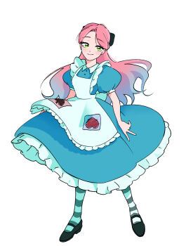 alice&#039;s_adventures_in_wonderland alice_(alice_in_wonderland) alice_(alice_in_wonderland)_(cosplay) alien_stage apron black_bow black_shoes blue_dress blue_hair bow commentary cosplay dress english_commentary frilled_apron frills full_body gradient_hair hair_bow half_updo highres mary_janes mirdilean mizi_(alien_stage) multicolored_hair pink_hair puffy_short_sleeves puffy_sleeves shoes short_sleeves smile socks striped_clothes striped_socks two-tone_hair white_apron yellow_eyes