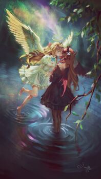 2girls absurdres ahoge angel barefoot black_dress black_horns black_wings blue_bow blue_bowtie blue_eyes bow bowtie branch broken_heart broken_heart_hair_ornament brown_hair closed_mouth commentary commission demon_girl demon_horns demon_wings dress dutch_angle english_commentary evil_neuro-sama feathered_wings from_side full_body hair_ornament halo heart heart_hair_ornament highres holding_hands horns incest kiss long_hair multiple_girls neuro-sama on_liquid outdoors red_ribbon ribbon ripples short_dress siblings sisters standing twincest twins vedal_ai virtual_youtuber water white_dress white_halo wings yellow_halo yngxx1895996 yuri