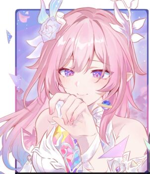 1girl aqua_hair border breasts commentary cyrene_(demiurge)_(honkai:_star_rail) cyrene_(honkai:_star_rail) diamond-shaped_pupils diamond_(shape) dress earrings highres hknu_impossible honkai:_star_rail honkai_(series) jewelry long_hair medium_breasts pink_hair pointy_ears purple_eyes ring smile solo symbol-shaped_pupils upper_body very_long_hair white_border white_dress