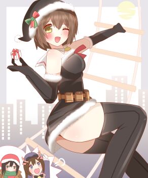 3girls ;d absurdres animal_ears antlers ass bare_shoulders black_dress black_gloves black_hair black_hat black_thighhighs blue_eyes blue_hat blue_jacket blush breasts brown_eyes brown_hair brown_jacket chibi christmas cloud commentary_request deer_ears dress elbow_gloves feet_out_of_frame full_moon fur-trimmed_dress fur-trimmed_gloves fur-trimmed_headwear fur_trim gift gloves green_eyes green_scarf hair_between_eyes hat highres holding holding_gift horns jacket looking_at_viewer medium_breasts moon multiple_girls non_(wednesday-classic) one_eye_closed open_mouth original police police_hat police_uniform policewoman red_hat reindeer_antlers rope_ladder santa_costume santa_hat scarf skyline smile strapless strapless_dress thighhighs white_gloves