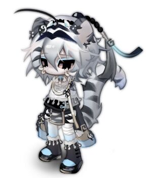 Rule 34 | 1boy, ahoge, animal ears, bandaged leg, bandages, black coat, black eyes, black shoes, black streaks, blue eyeshadow, capelet, chibi, chibi only, closed mouth, cloud (lufaeris), coat, colored sclera, double-parted bangs, eyeshadow, full body, grey hair, hair between eyes, hair ornament, long sleeves, looking at viewer, makeup, male focus, multicolored hair, original, pink sclera, shoes, short hair, simple background, solo, streaked hair, tail, tiger ears, tiger tail, white background, white capelet, yin yang, yin yang hair ornament