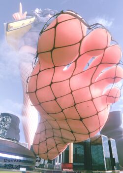 1girl animal_ears barefoot black_hair blue_archive city commentary dog_ears dog_girl duosaochou feet femdom fishnet_pantyhose fishnet_thighhighs fishnets giant giantess goggles goggles_on_head halo hibiki_(blue_archive) highres no_shoes pantyhose size_difference soles thighhighs toes yellow_halo