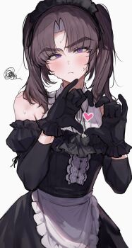 1boy alternate_costume ayase_ayato_(imamiya_pinoko) bare_shoulders black_gloves brown_hair crossdressing enmaided gloves grey_background heart heart_hands highres imamiya_pinoko looking_at_viewer maid maid_headdress male_focus original parted_bangs purple_eyes short_hair short_twintails simple_background solo thick_eyebrows trap twintails upper_body