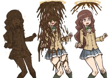 1girl :o breasts brown_hair chocolate covered_in_food digimon digimon_ghost_game food_on_body halo highres long_hair looking_to_the_side moaning open_mouth petrification pink_eyes plaid_clothes plaid_skirt ryona school_uniform sequential skirt small_breasts solo surprised sweat tobato_the_dog tobatoinu trapped trembling tsukiyono_ruli very_long_hair white_background wide_hips