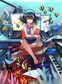 1girl air_bubble angelfish bad_id bad_pixiv_id barefoot black_hair blue_eyes bubble clownfish computer coral fantasy female_focus fish full_body hairband headphones highres instrument keyboard_(instrument) looking_at_viewer microphone monitor moorish_idol original piano rff_(3_percent) short_hair shorts sitting solo speaker surgeonfish surreal toes tropical_fish underwater vertical_monitor water