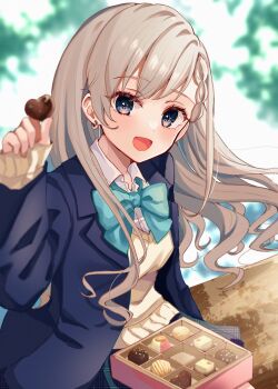 1girl :d blue_bow blue_eyes blue_jacket blue_skirt blurry blurry_background bow box box_of_chocolates braid braided_bangs brown_sweater candy chocolate chocolate_heart collared_shirt commentary_request depth_of_field dress_shirt earrings food grey_hair heart heart-shaped_food highres hisakawa_hayate holding holding_food idolmaster idolmaster_cinderella_girls idolmaster_cinderella_girls_starlight_stage jacket jewelry long_hair long_sleeves looking_at_viewer open_clothes open_jacket open_mouth plaid_clothes plaid_skirt rino_cnc school_uniform shirt skirt sleeves_past_wrists smile solo sweater unmoving_pattern very_long_hair white_shirt