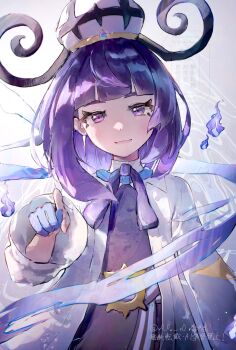 1girl anzu_(v0_0v_o0) black_dress black_hair blue_gloves blunt_bangs bob_cut coat dress gloves gradient_hair gwynn_(pokemon) hat highres long_sleeves looking_at_viewer mega_stone multicolored_hair nintendo open_clothes open_coat open_mouth partially_fingerless_gloves pokemon pokemon_legends:_z-a purple_eyes purple_hair short_hair solo upper_body white_coat