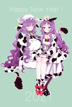 2021 2girls absurdres aged_down animal_ears animal_print apron bell blue_eyes bow breasts brooch choppy_bangs closed_mouth commentary_request cow_ears cow_horns cow_print cow_print_dress cow_print_socks cow_tail cowbell dress dual_persona eurasia_(wtp09ptw14) eyes_visible_through_hair fake_animal_ears fake_horns fake_tail francoise_(eurasia) full_body gem gloves green_background green_gemstone happy_new_year hat highres horns jewelry large_breasts long_bangs long_hair long_sleeves looking_at_another maid maid_apron mob_cap multiple_girls neck_bell new_year on_lap original own_hands_together purple_eyes purple_hair red_bow red_shoes shoes short_bangs simple_background sitting sitting_on_lap sitting_on_person socks tail time_paradox very_long_hair white_apron white_gloves white_hat